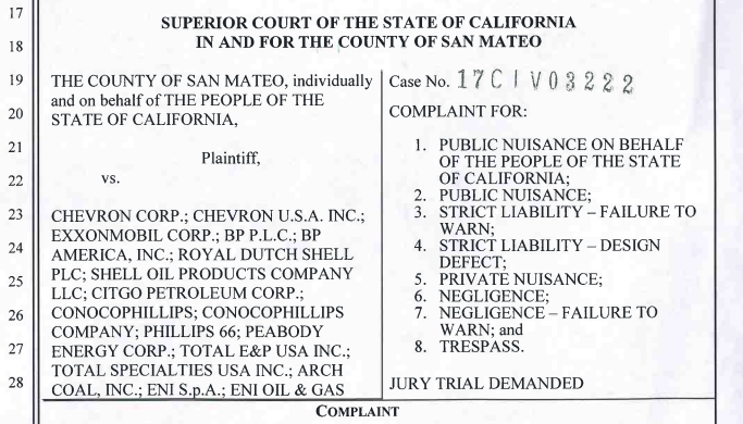 Climate change Lawsuits, San Mateo Climate Lawsuit